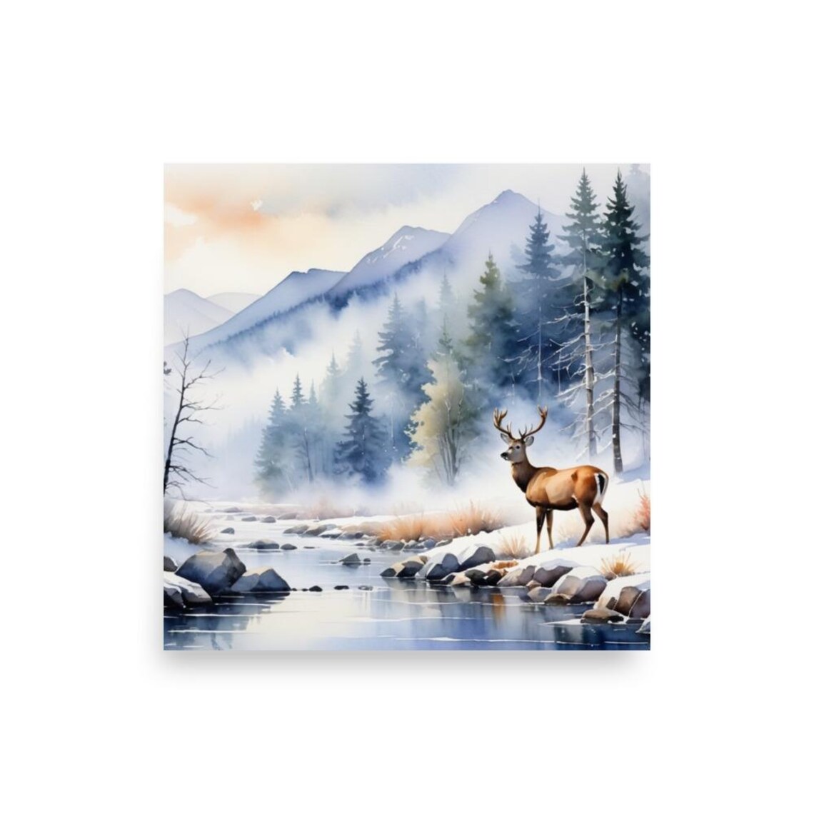 Majestic Buck Deer by Snowy Mountain Stream Watercolor Poster - Image 2