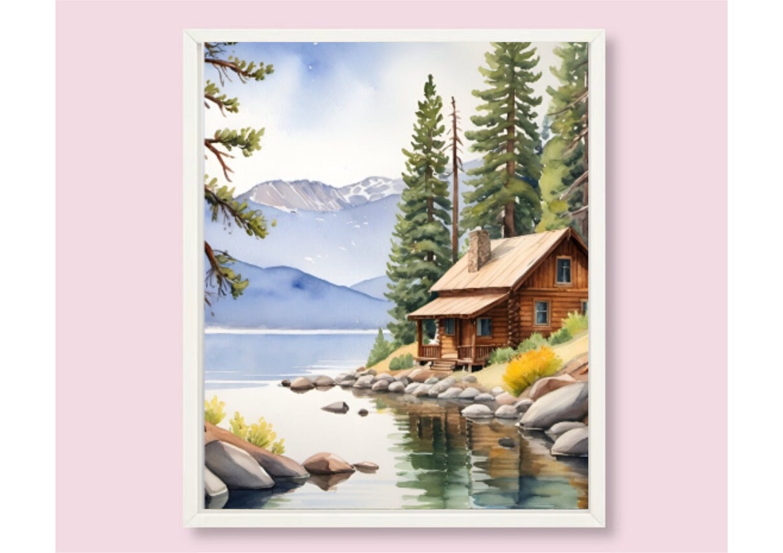 Redfish Lake Idaho Log Cabin Mountain Shore Watercolor Poster - Image 6