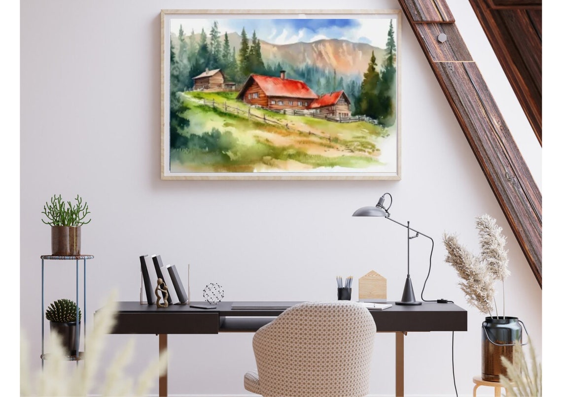 Red Roofed Log Cabins Beneath Rocky Mountain Cliffs Watercolor Print - Image 5