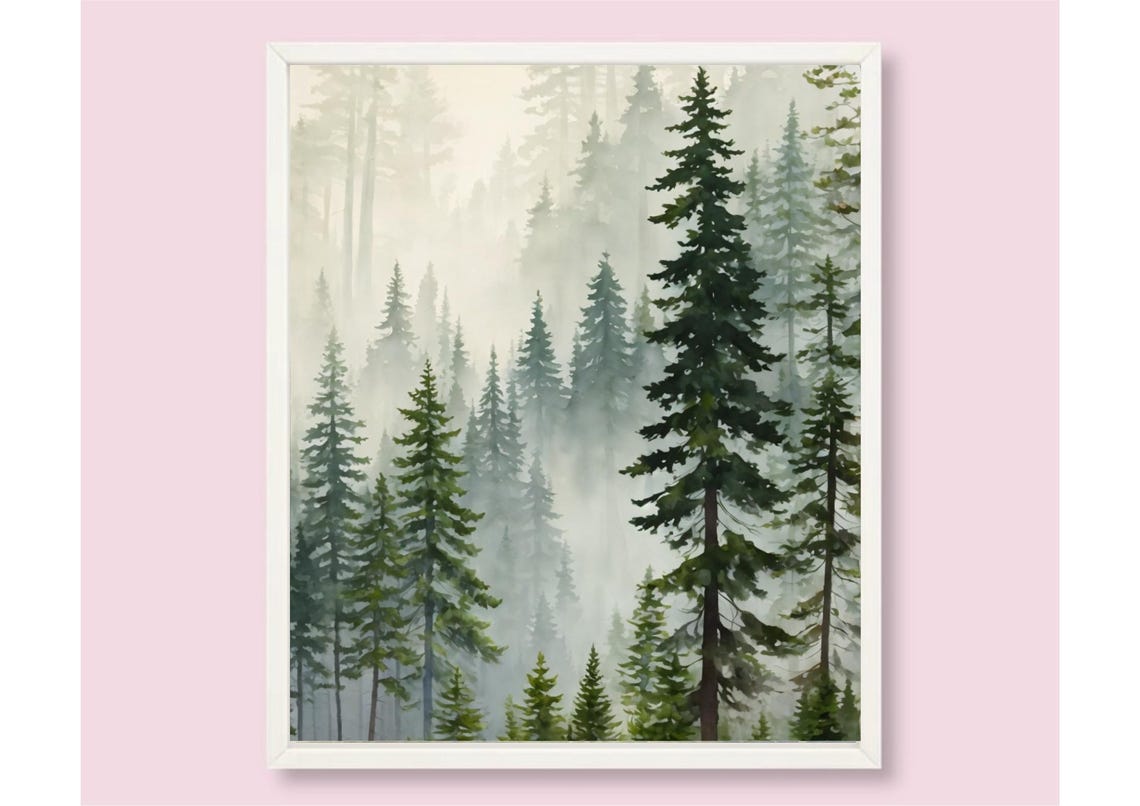 Foggy Pine Forest In Soft Green Mist Watercolor Nature Poster - Image 5