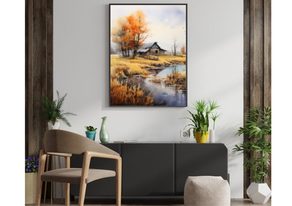 Golden Autumn Barn By Still Pond With Fiery Orange Tree Art Poster - Image 5