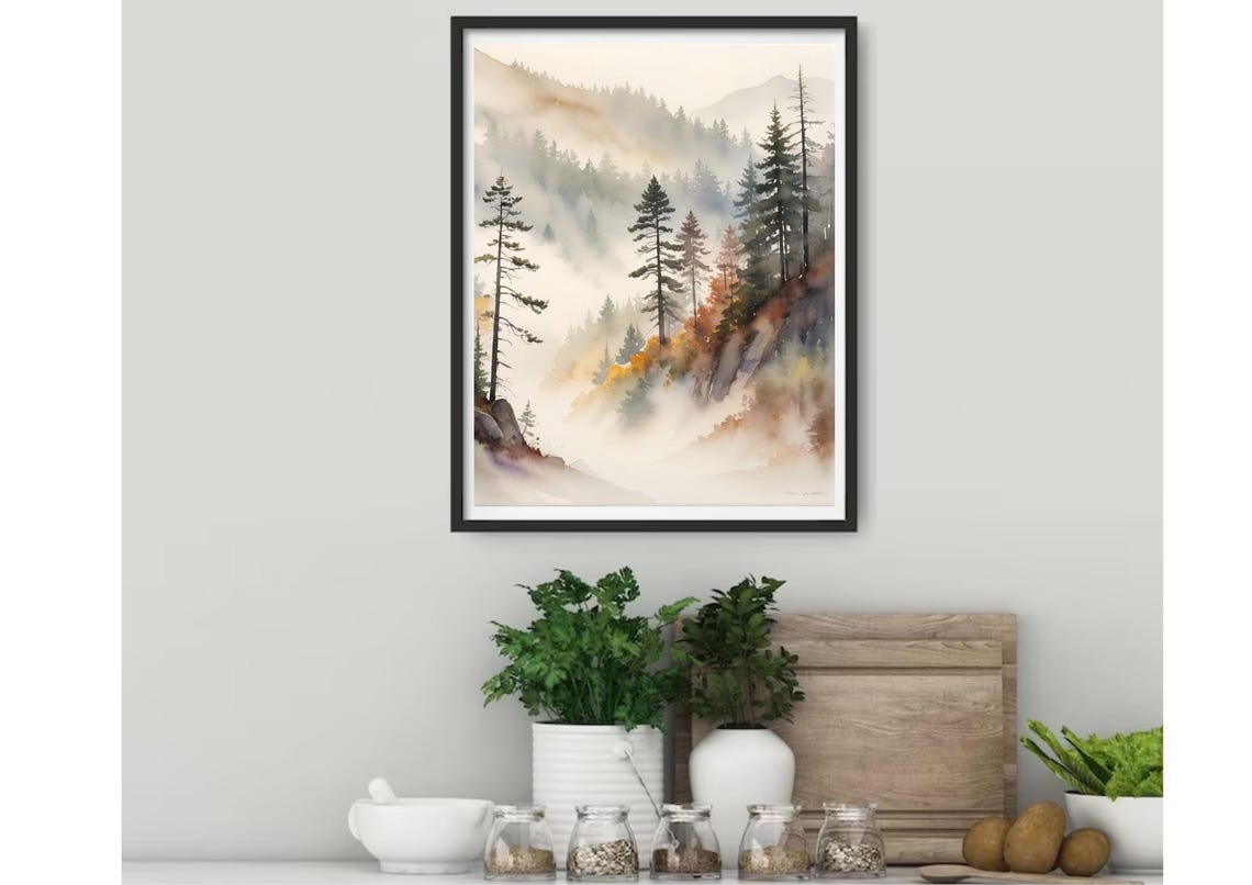 Serene Misty Pine Forest Mountain Watercolor Landscape Poster - Image 3
