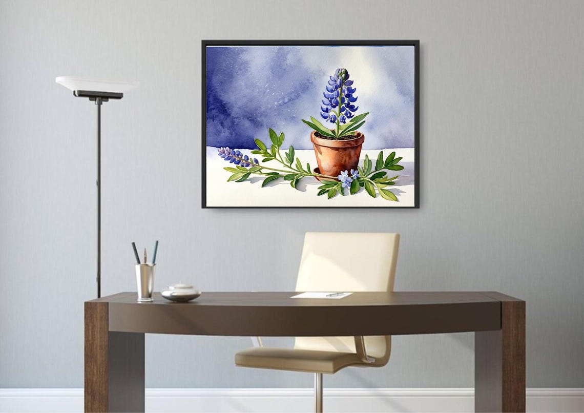 Potted Bluebonnets In Terracotta Pot Watercolor Botanical Poster - Image 2