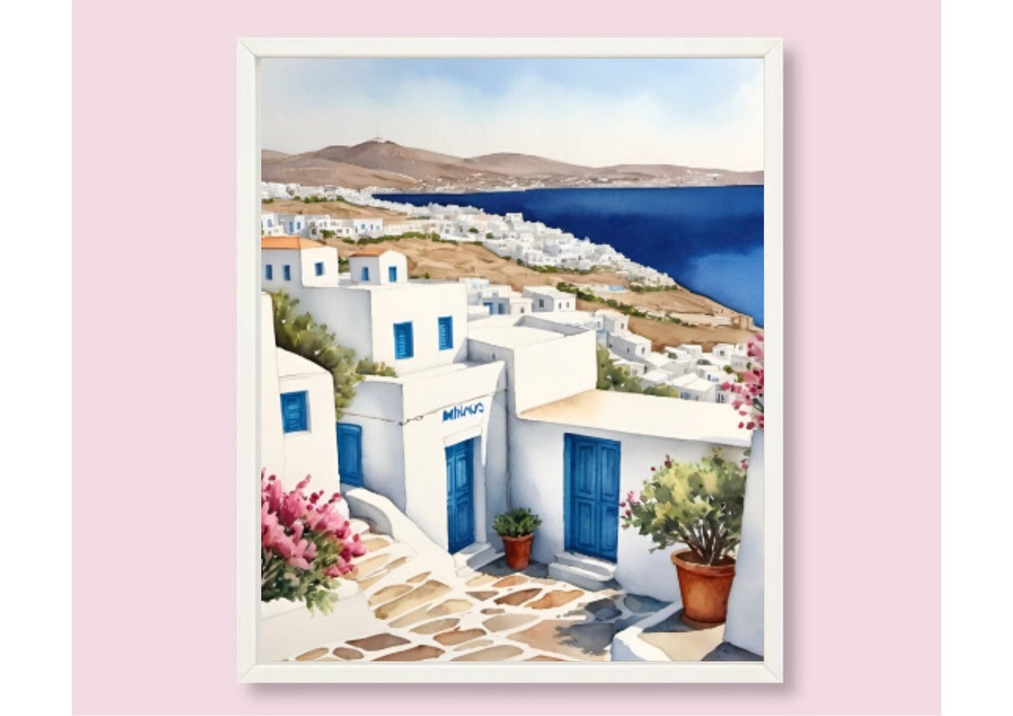 Mykonos Painting Greek Island Watercolor Art Print Cyclades Islands Wall Art Aegean Sea Island Landscape Art Seascape Watercolor Art Poster - Image 6