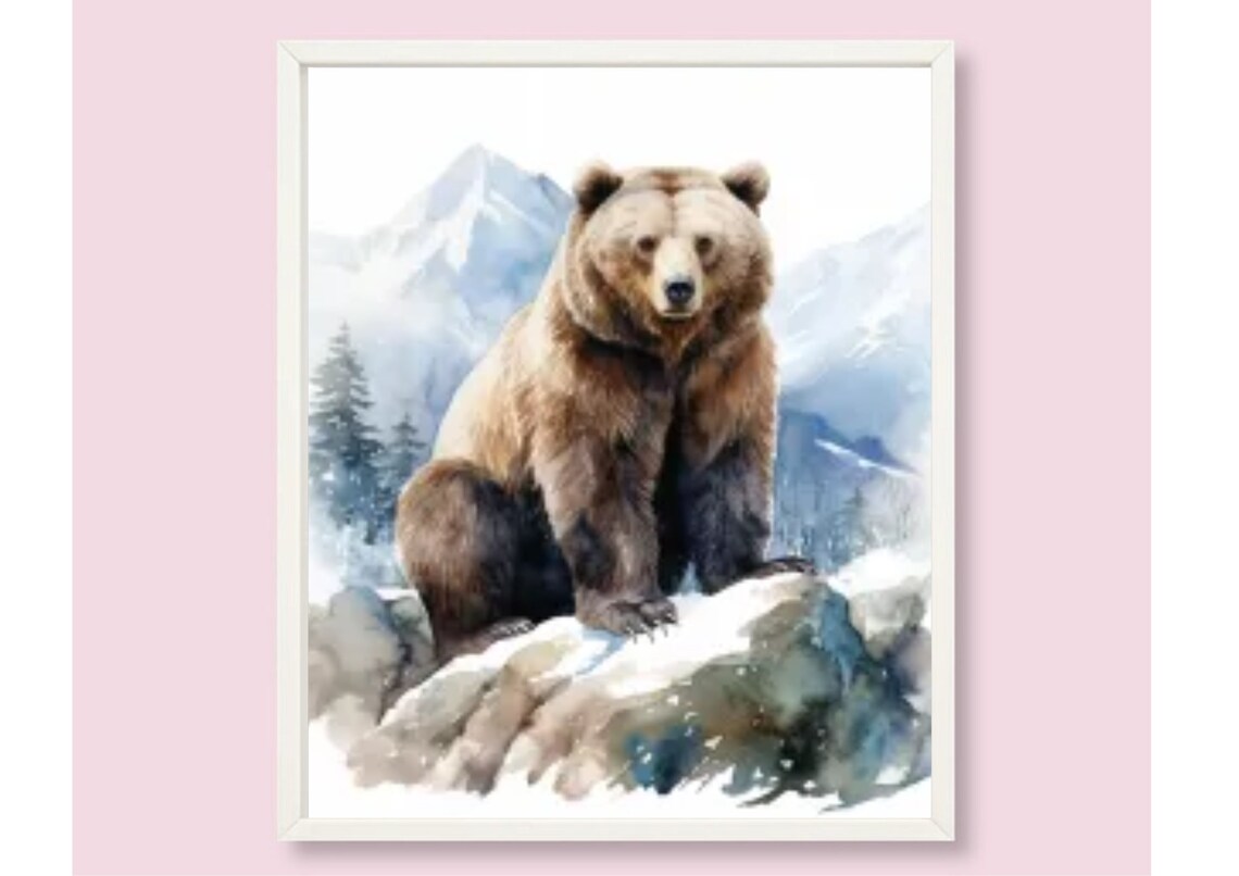 Grizzly Bear Sitting On Rocky Outcrop Watercolor Wildlife Art Poster - Image 6
