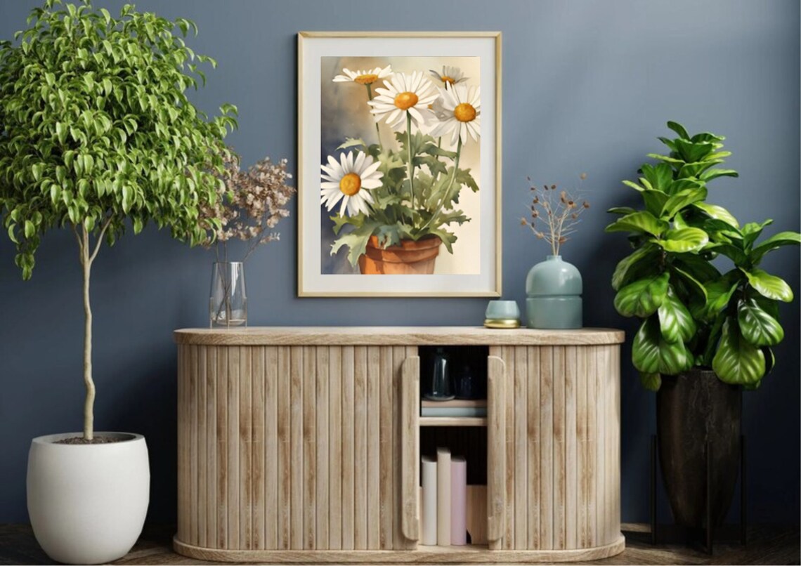 White Daisies In Terracotta Pot Watercolor Flower Still Life Poster - Image 3