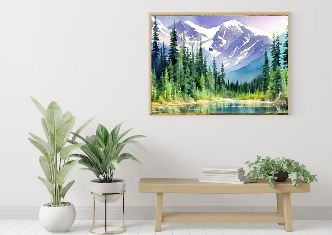 Purple Snowy Peaks Above Pine Forest And Lake Watercolor Art Poster - Image 5