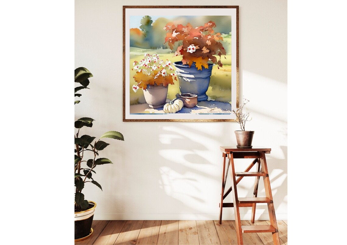 Potted Autumn Flowers and Mini Pumpkin Watercolor Still Life Poster - Image 3