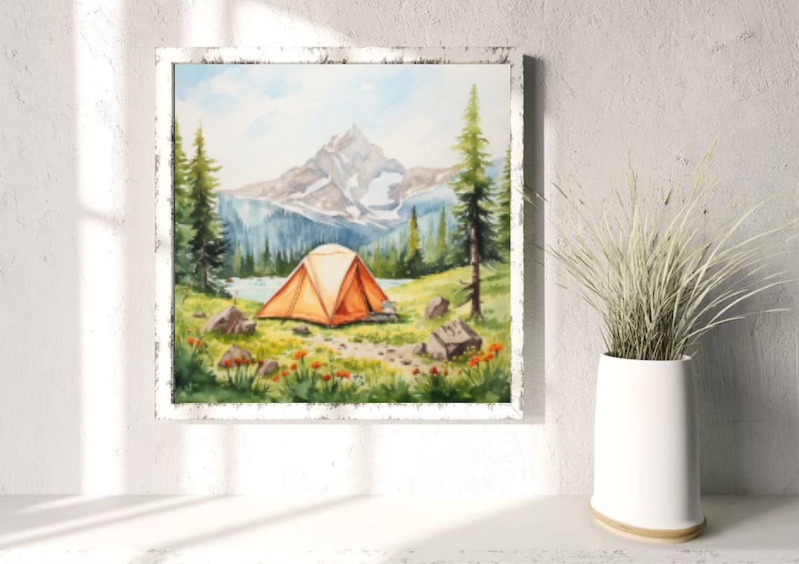Orange Tent Mountain Lake Meadow Summer Camping Watercolor Poster - Image 4