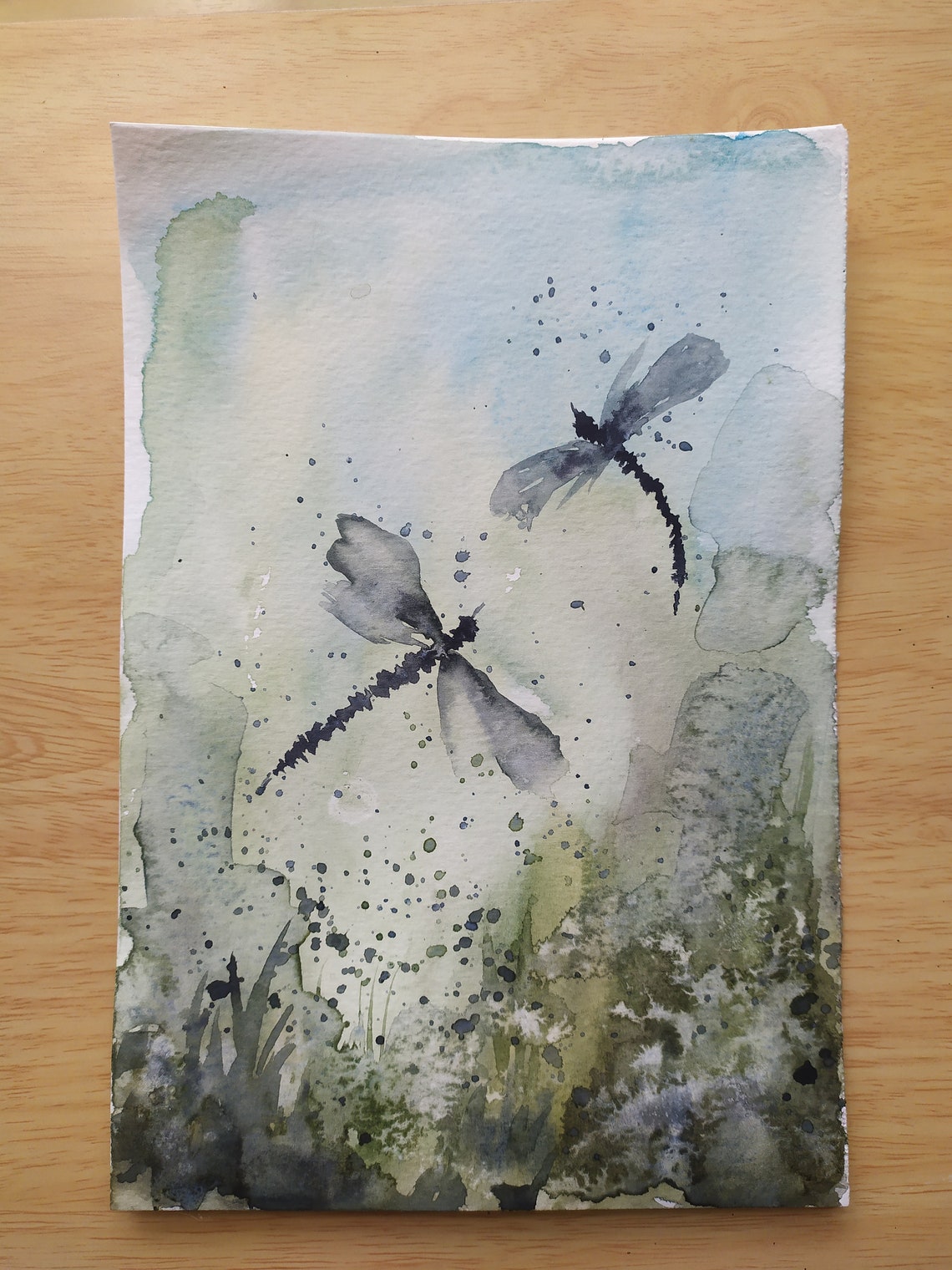 Dragonfly Original Watercolor Painting Dragonfly Watercolor Meadow Painting Wildflowers Field Art Insect Wall Art Botanical Watercolor Art - Image 3