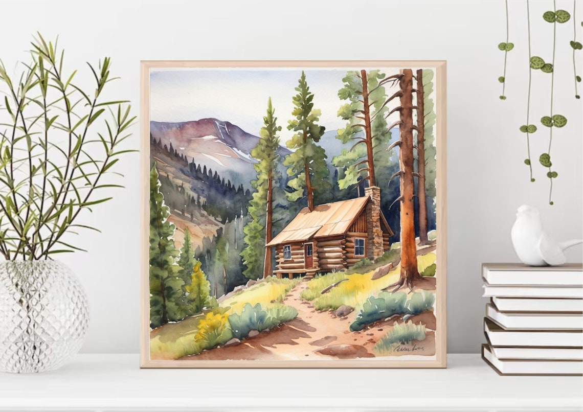 Colorado Mountain Cabin Pine Forest Watercolor Landscape Poster - Image 4
