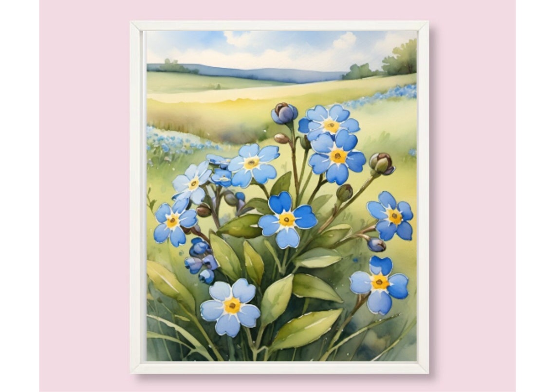 Blue Forget Me Nots Blooming In A Sunny Meadow Watercolor Poster - Image 6
