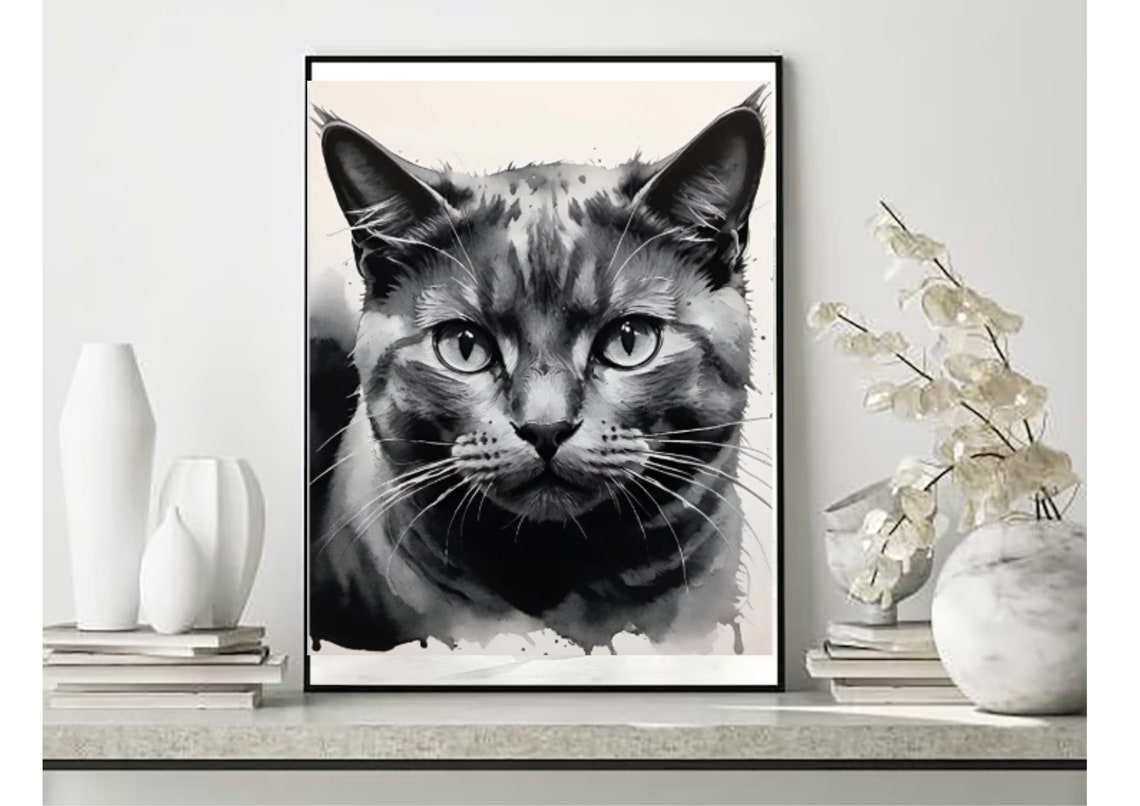 Black White Cat Portrait Ink Watercolor Sketch Pet Art Poster - Image 3