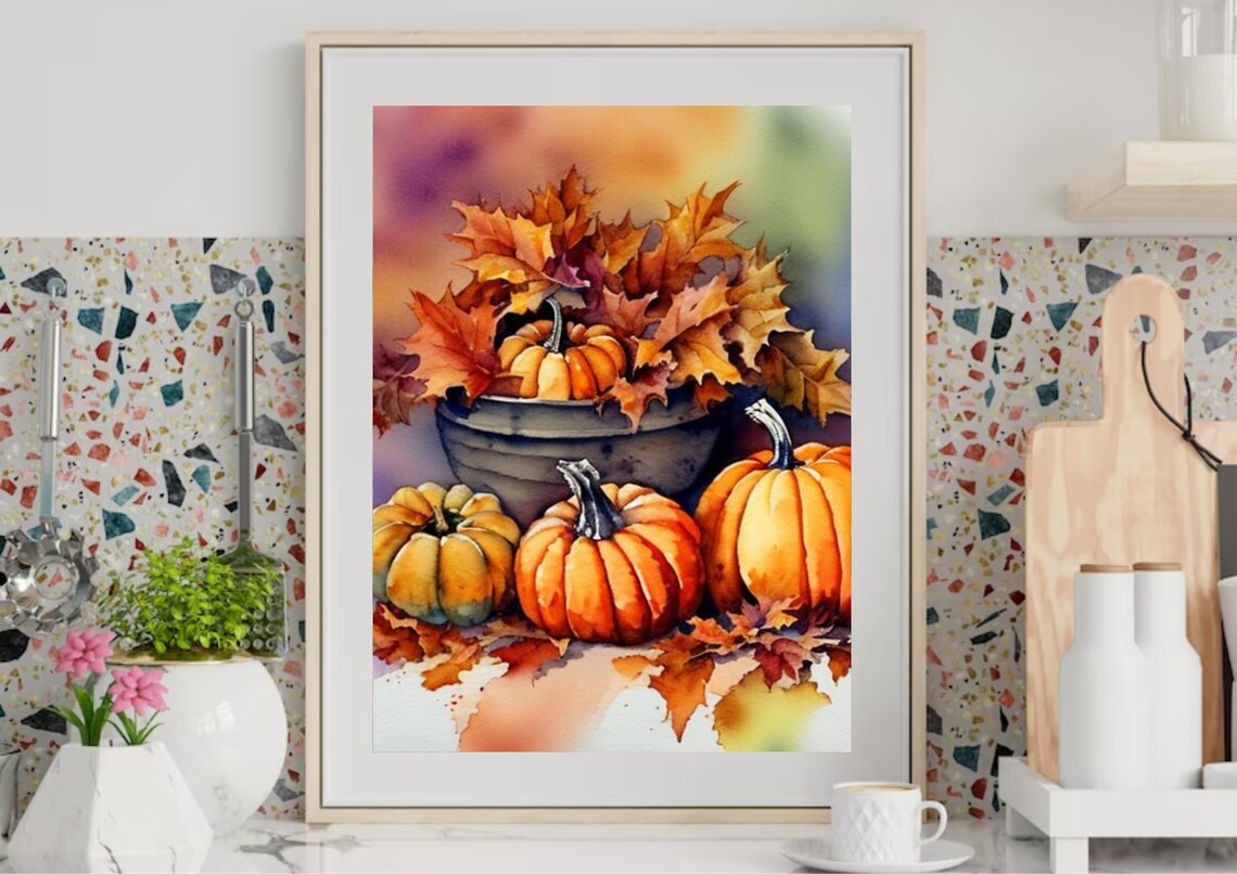Autumn Pumpkins In Metal Bucket With Maple Leaves Watercolor Poster - Image 5