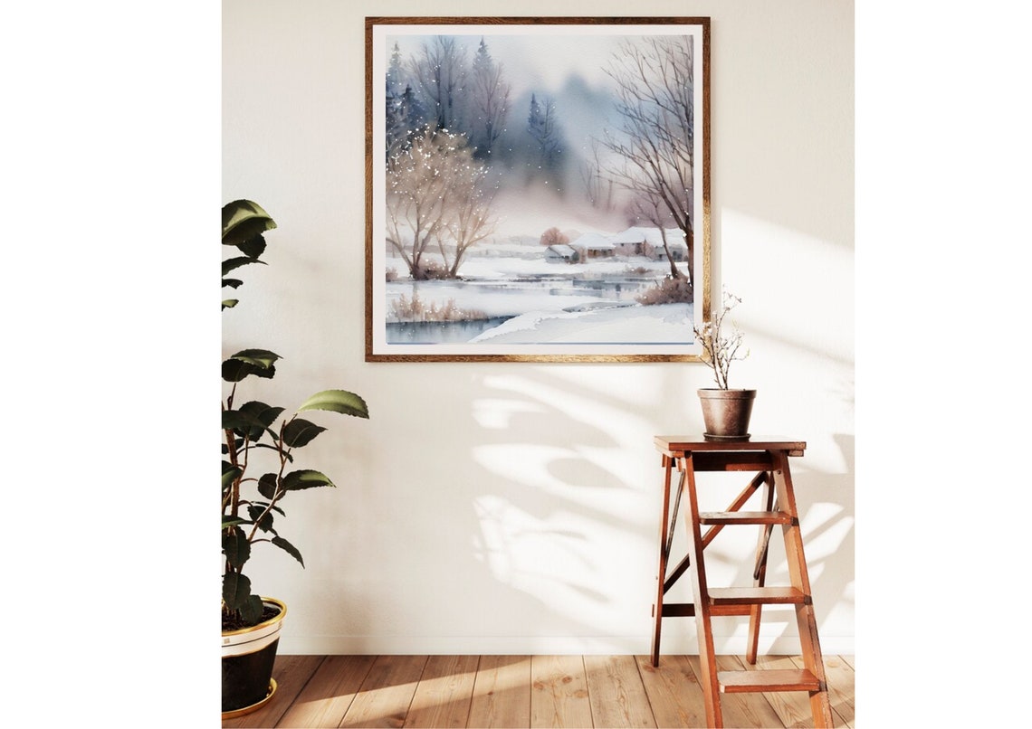 Winter Foggy Country Landscape Watercolor Painting Rural Houses And A Small River Art Print Panoramic Winter Landscape Of A Village Print - Image 4