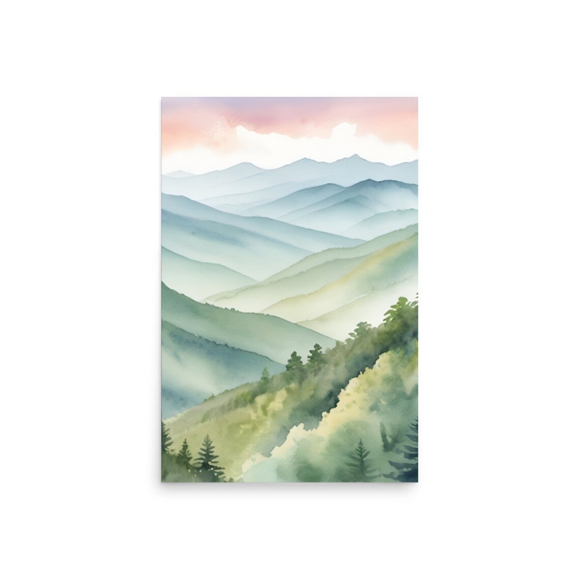 Great Smoky Mountains Misty Blue Ridges Sunrise Watercolor Poster - Image 2