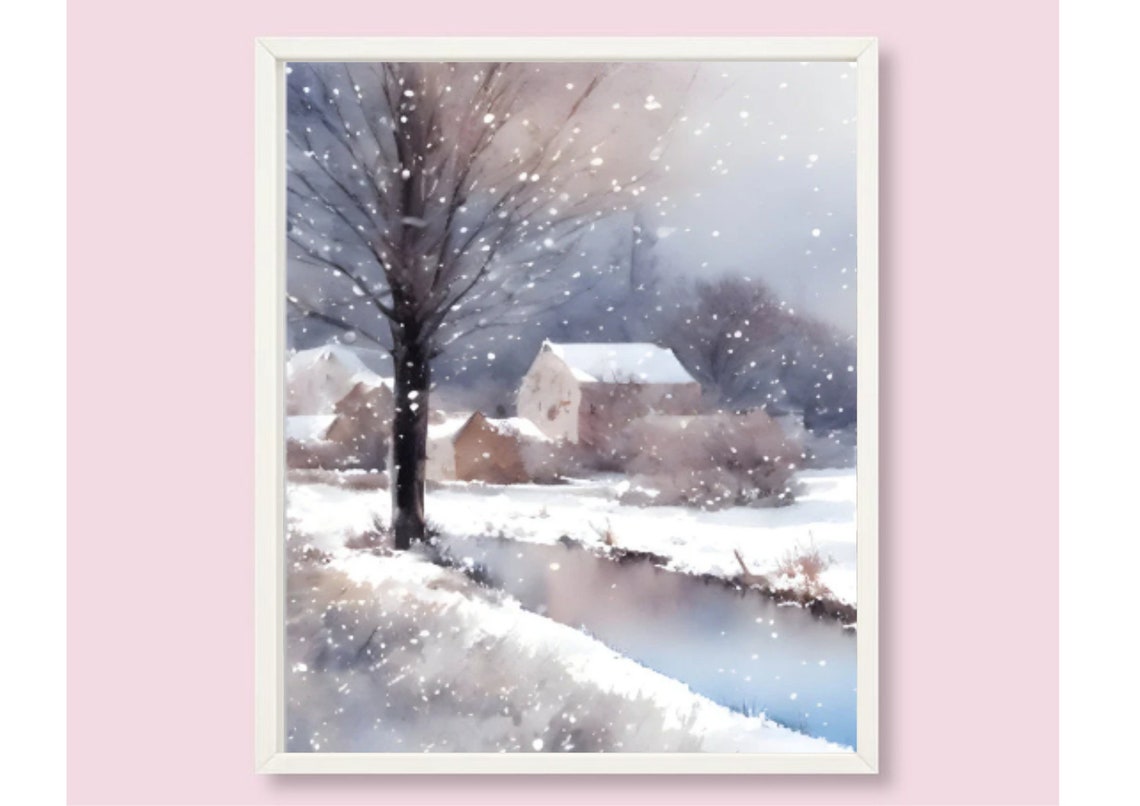 Vermont Painting Winter Country Landscape Watercolor Art Print Small Lake And House Panoramic Snowy Landscape Art Print Winter In Vermont - Image 6