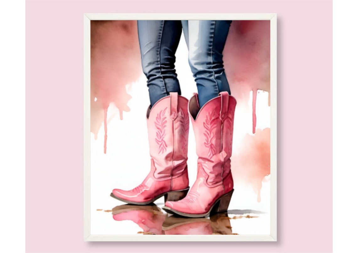 Womens Cowboy Pink Boots Painting Cowgirl Boots Watercolor Art Print Pink Boots Wall Art Western Cowboy Art Female Legs With Pink Boots Art - Image 6