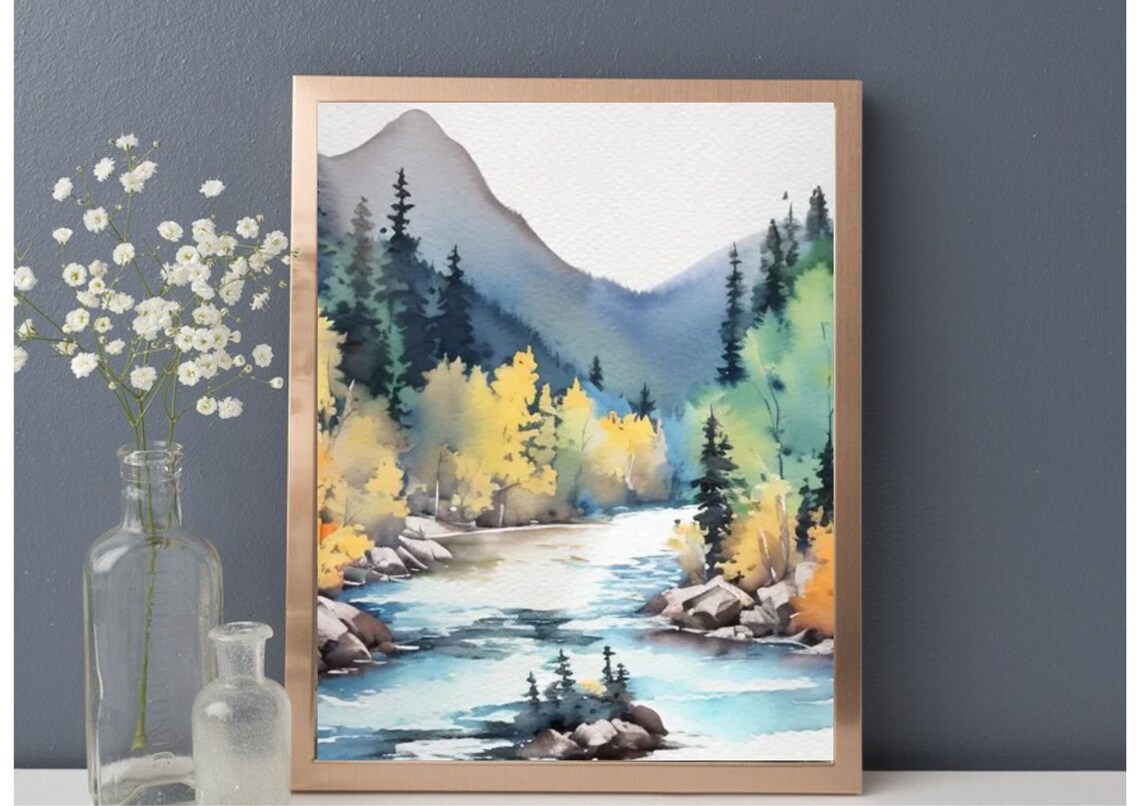 Autumn River Valley With Golden Aspens And Pine Trees Watercolor Print - Image 4