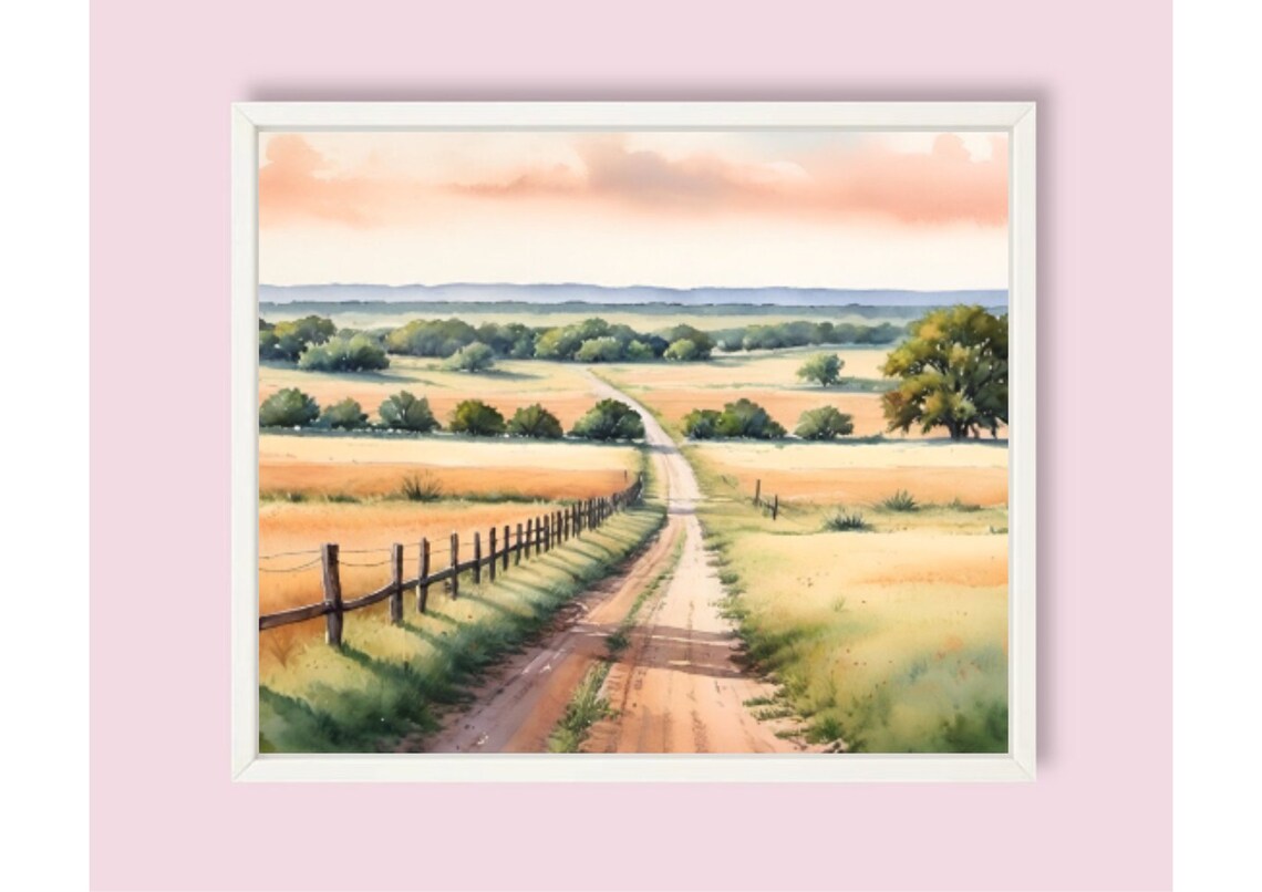 Texas Farm Country Road Sunset Watercolor Landscape Meadow Art Poster - Image 6