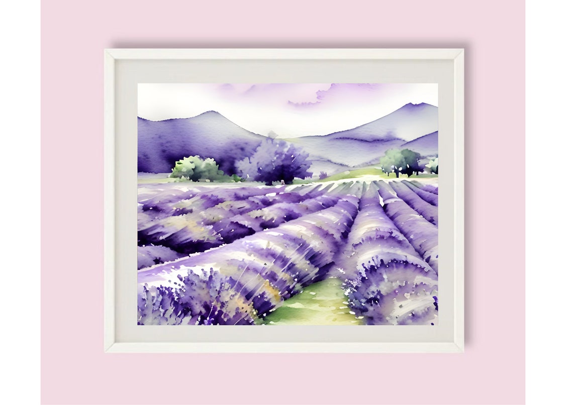 Purple Lavender Field Rows With Soft Hills Watercolor Wall Art - Image 6