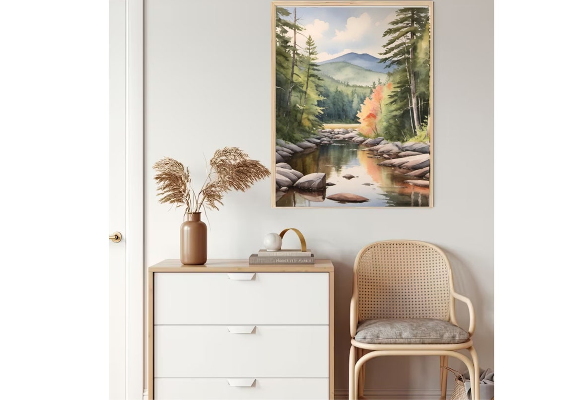 Adirondack Mountain River Evergreen Forest Watercolor Poster - Image 2