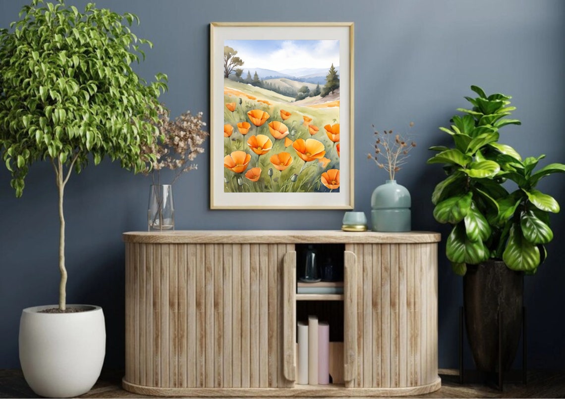 California Poppies Meadow Painting Orange Poppies Watercolor Art Print Wildflowers Meadow Artwork California Country Landscape Wall Art - Image 3