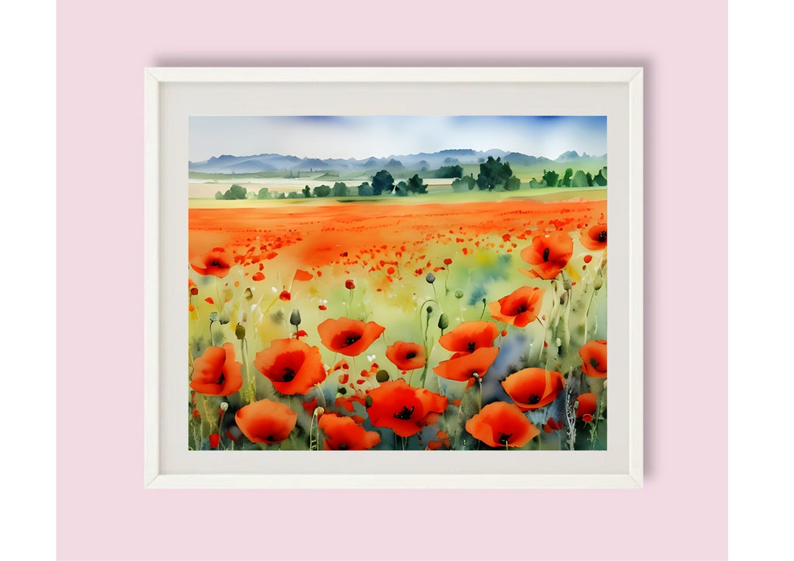 Poppies Field Watercolor Painting California Poppy Print Poppies Meadow Print Flowers Field Wall Art Panoramic Country Field Landscape Art - Image 6