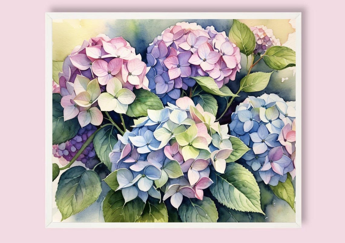 Romantic Pink Purple Hydrangea Blooms Watercolor Floral Poster - Image 2