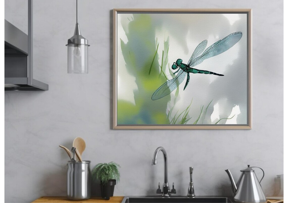 Dragonfly Watercolor Meadow Painting Dragonfly Art Print Botanical Wall Art Insects Watercolor Painting Green Blue White Floral Poster - Image 4