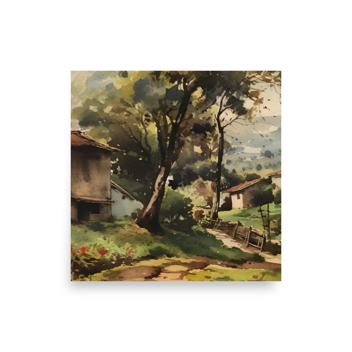 Rustic European Village Houses Among Hillside Trees Watercolor Poster - Image 4