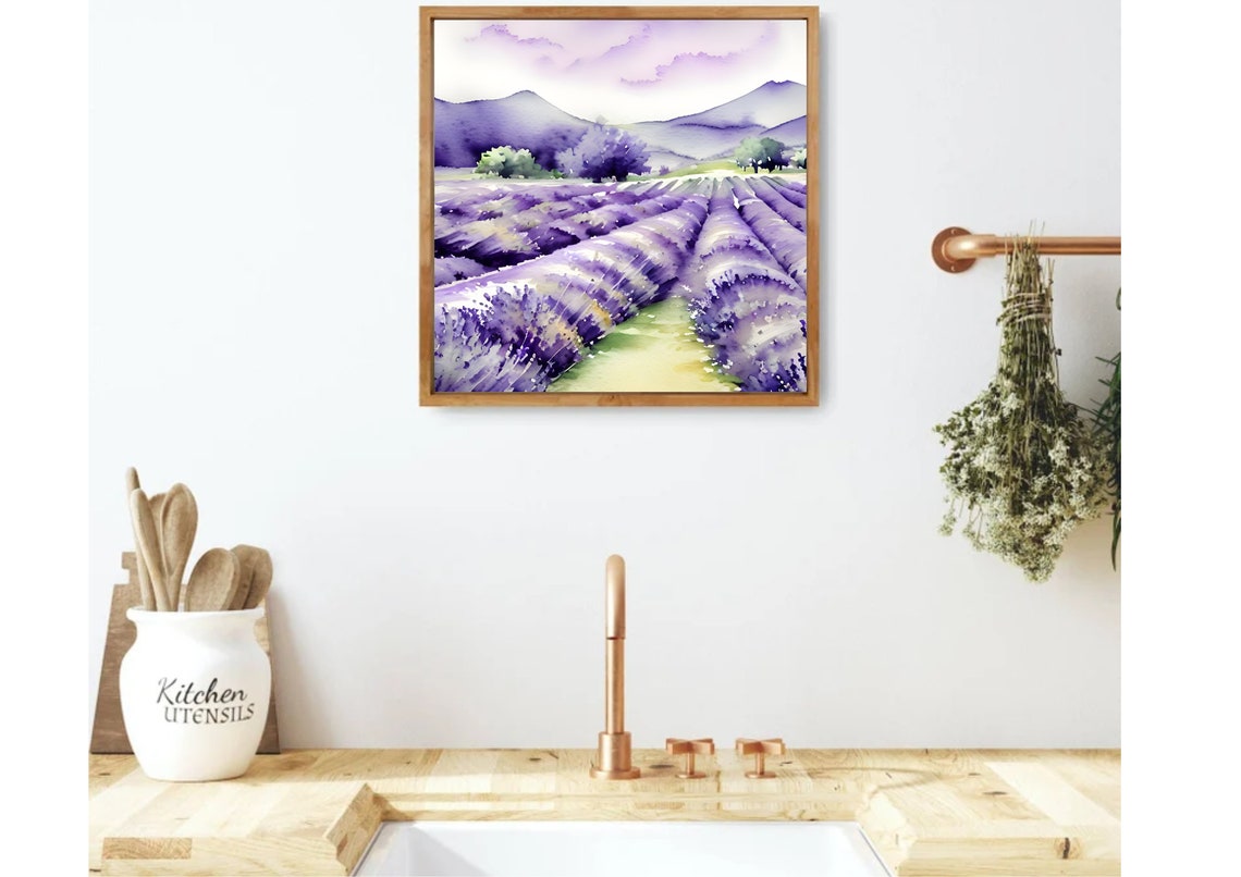 Purple Lavender Field Rows With Soft Hills Watercolor Wall Art - Image 3