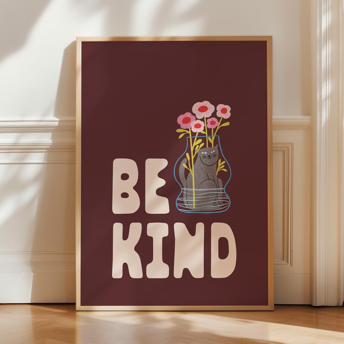 Be Kind Retro Cat in Flower Vase on Burgundy Background Poster