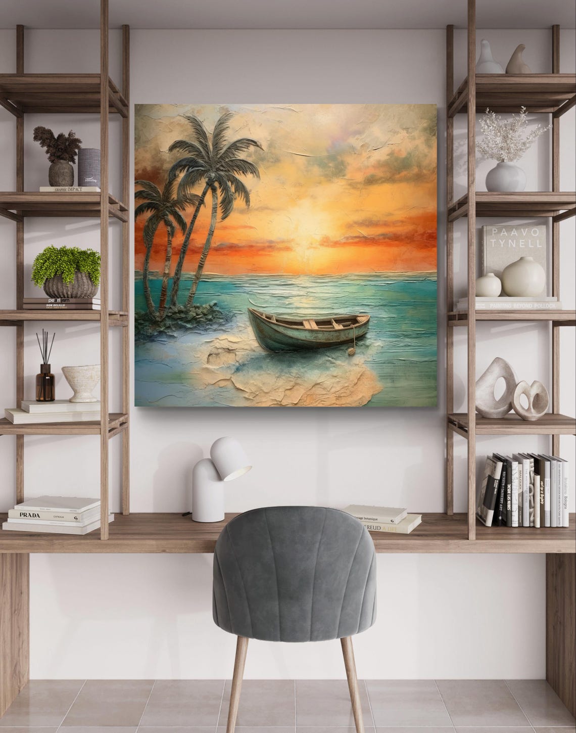 Tropical Beach Sunset with Boat and Palm Trees Coastal Poster