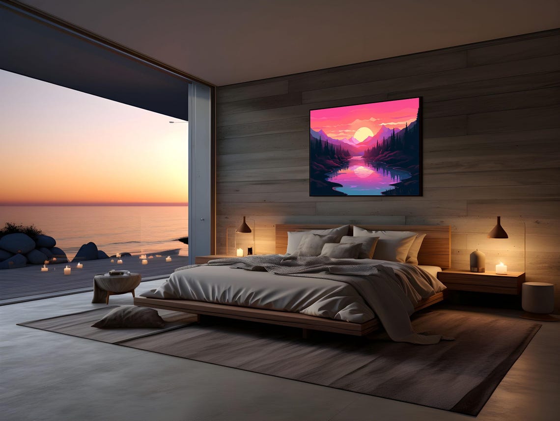 Pink Sunset Mountain Lake Forest Reflection Landscape Poster - Image 4
