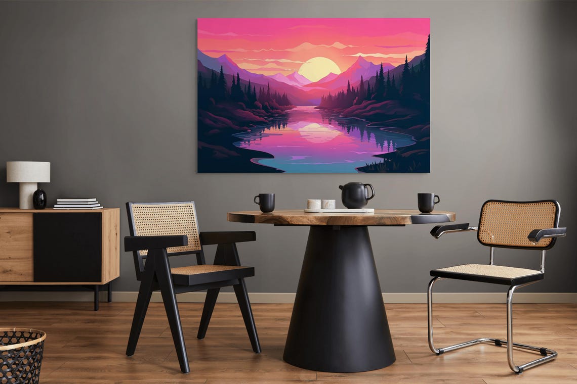 Pink Sunset Mountain Lake Forest Reflection Landscape Poster - Image 6