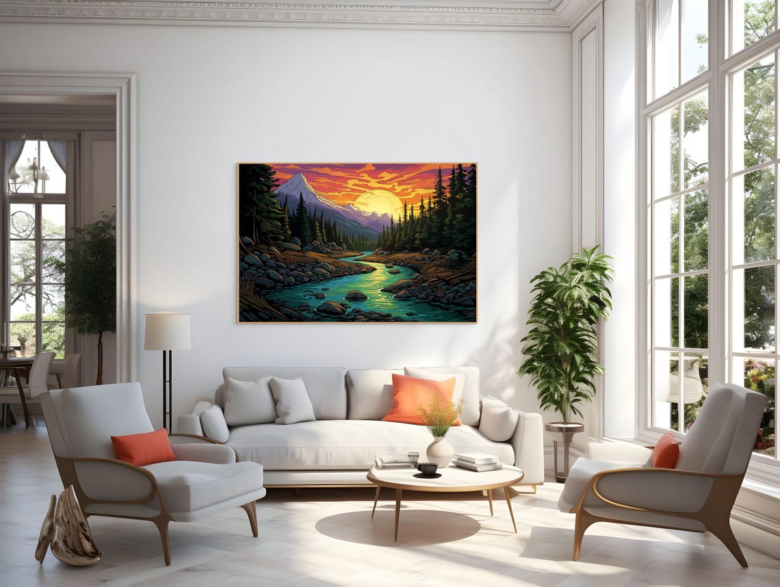 Mountain Sunset River Forest Poster in Vibrant Nature Landscape Style - Image 2