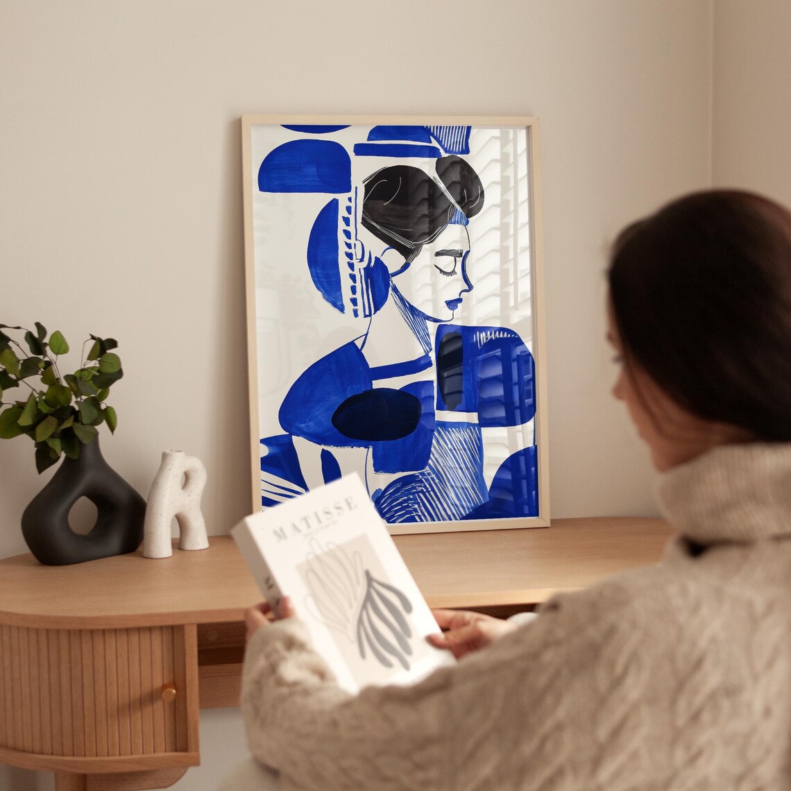 Abstract Cobalt Blue Brushstroke Woman Profile Modern Art Poster - Image 2