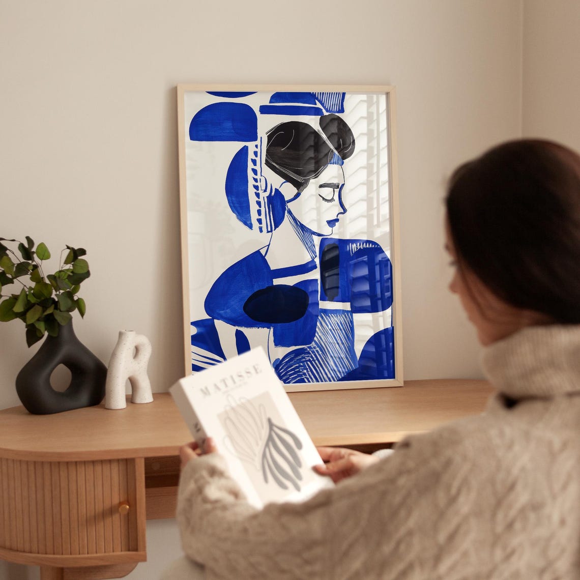 Abstract Woman Portrait In Blue Bold Minimalist Wall Art Modern Painting For Stylish Interiors Artwork - Image 2