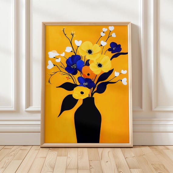 Bold Spring Bouquet In Yellow And Blue Vibrant Floral Print Modern Botanical Artwork For Cheerful Home Decor