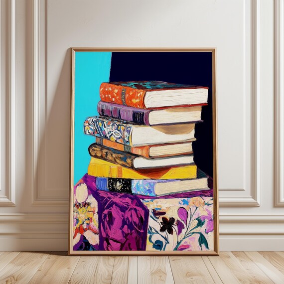 Colorful Vintageinspired Book Stack Illustration Cozy Literary Art Print Eclectic Home Library Decor For Lover