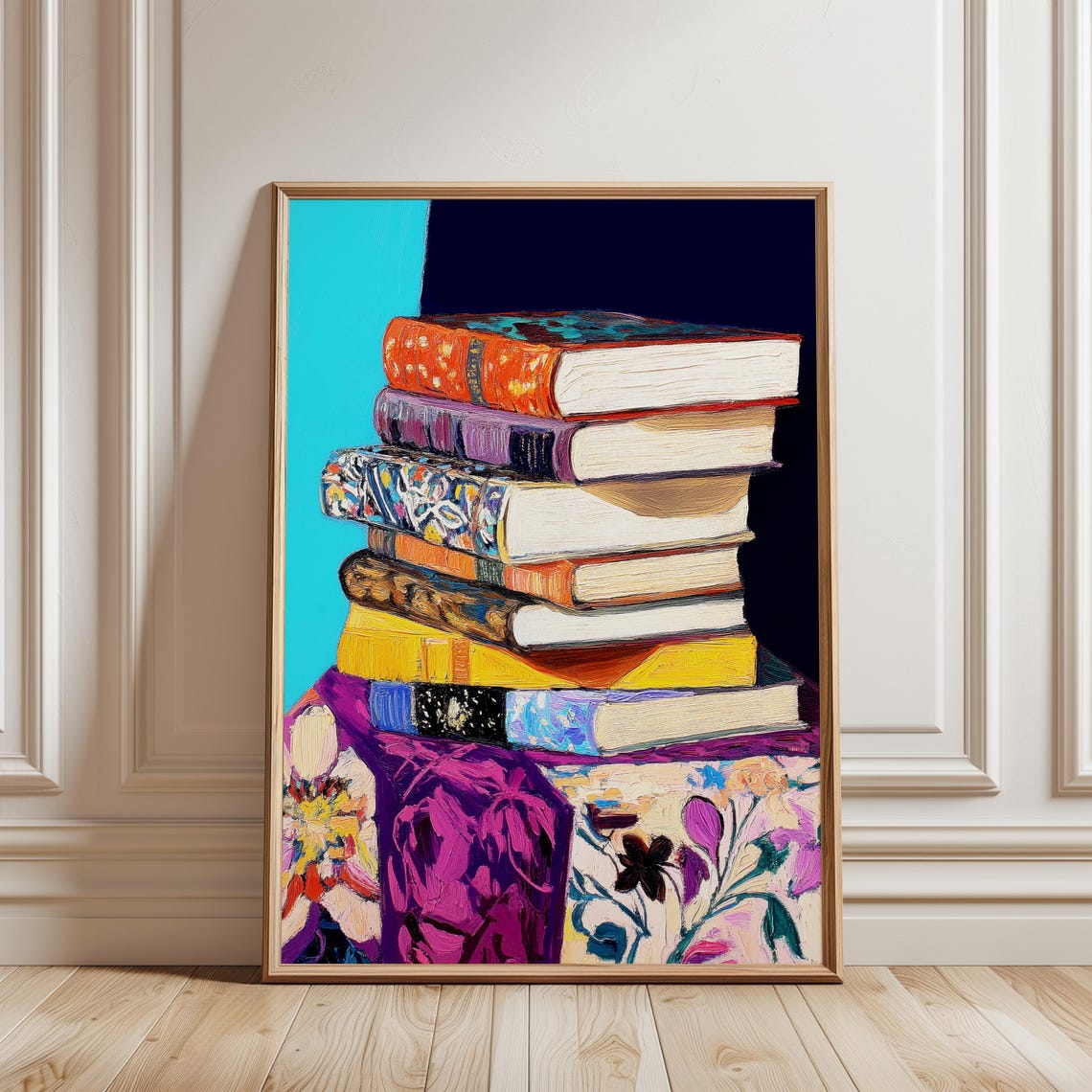 Colorful Stack of Painted Books Cozy Library Still Life Art Poster