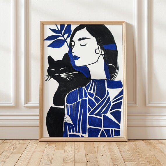 Woman With Black Cat On Shoulder In Blue Botanical Art Poster