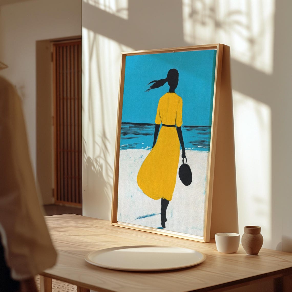 Woman In Yellow Dress On Beach Modern Seaside Silhouette Art Bold Minimalist Coastal Wall Decor - Image 3