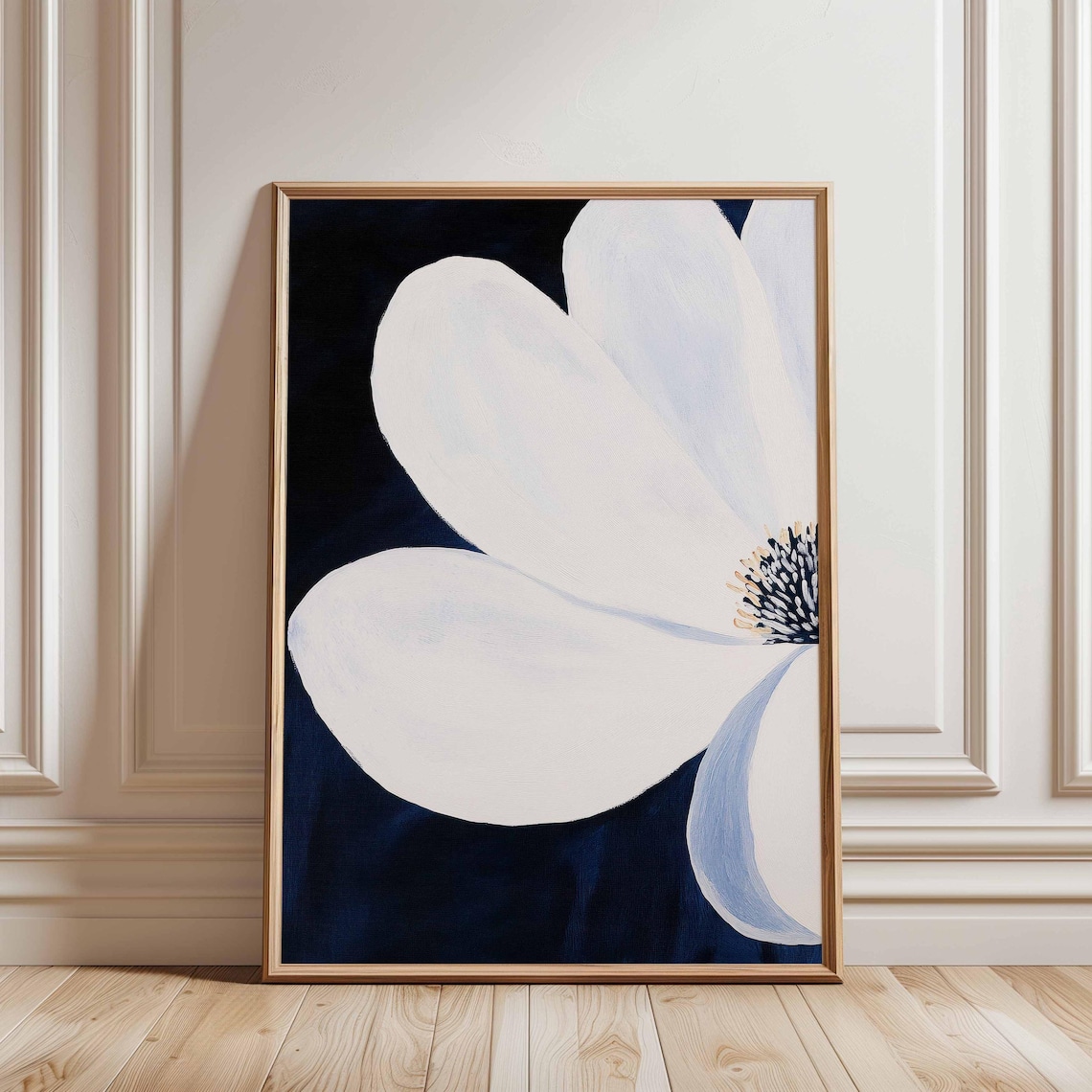 White Flower On Navy Background, Minimalist Floral Art Print