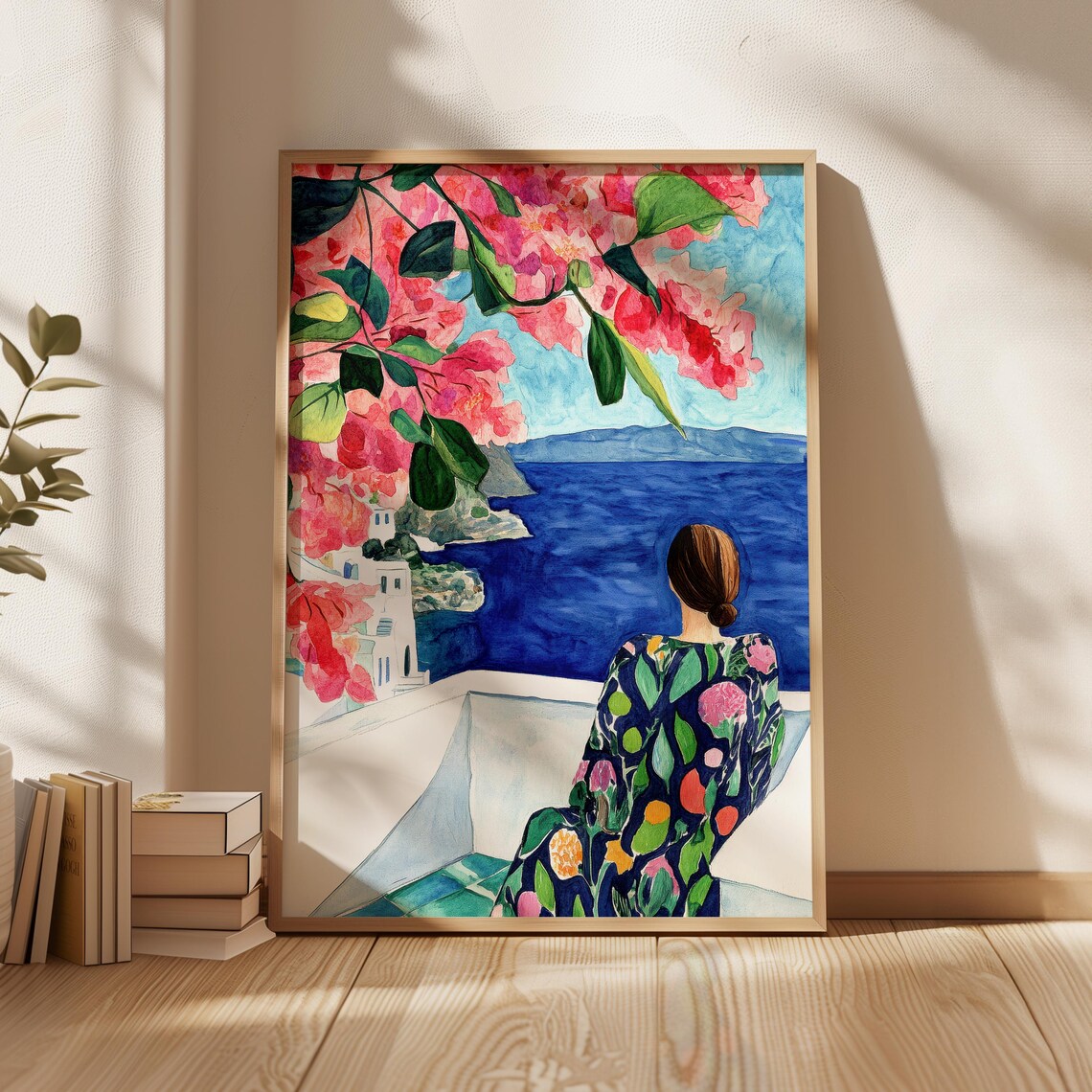 Woman Overlooking Blue Sea With Pink Bougainvillea Art Poster