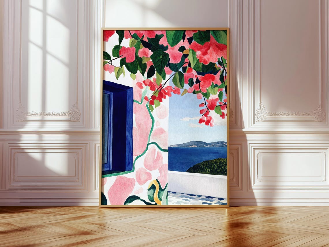 Mediterranean Coast Bougainvillea Blue Door Summer Seascape Poster
