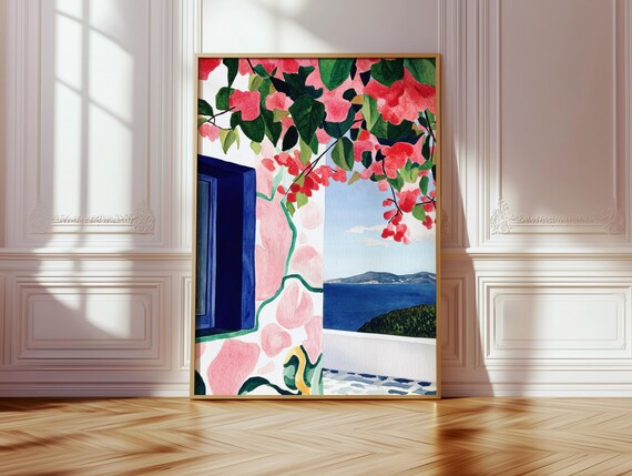 Mediterranean Coast Bougainvillea Blue Door Summer Seascape Poster