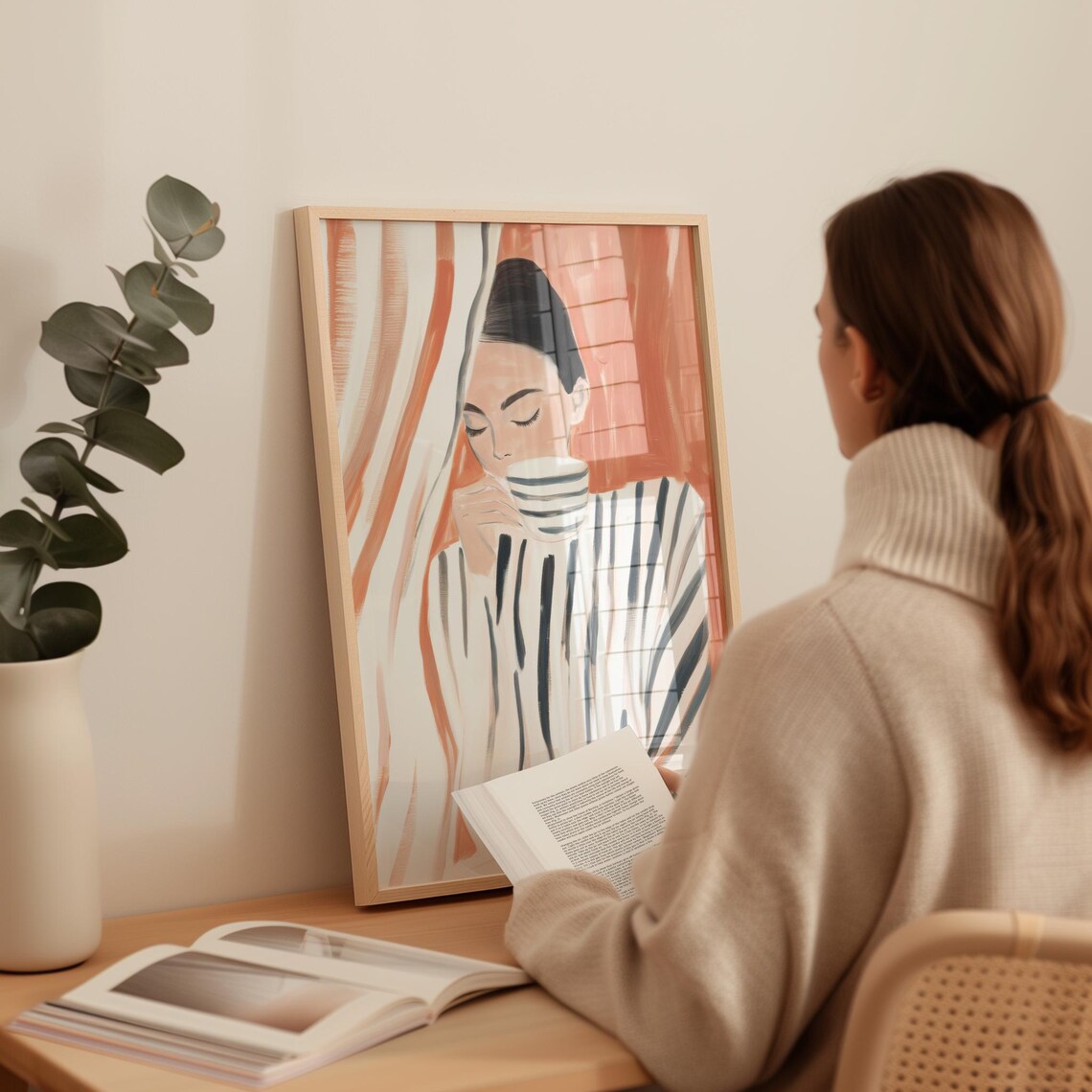 Serene Woman Sipping Tea From Striped Cup In Terracotta Poster - Image 3