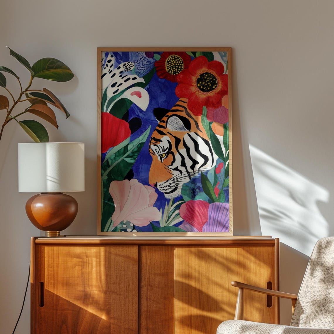 Vibrant Tiger In Floral Jungle Bold Jungle Cat Art Colorful Botanical Wall Decor - Image 3